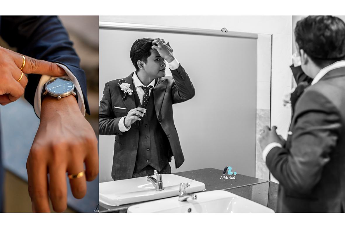 Ảnh phóng sự ngày cưới ghi lại khoảnh khắc chú rể chỉnh trang vest cưới và nhẫn cưới trước giờ đón dâu