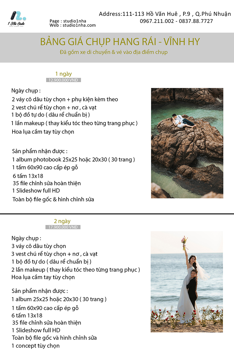 Bảng giá chụp ảnh cưới ngoại cảnh tại Vĩnh Hy